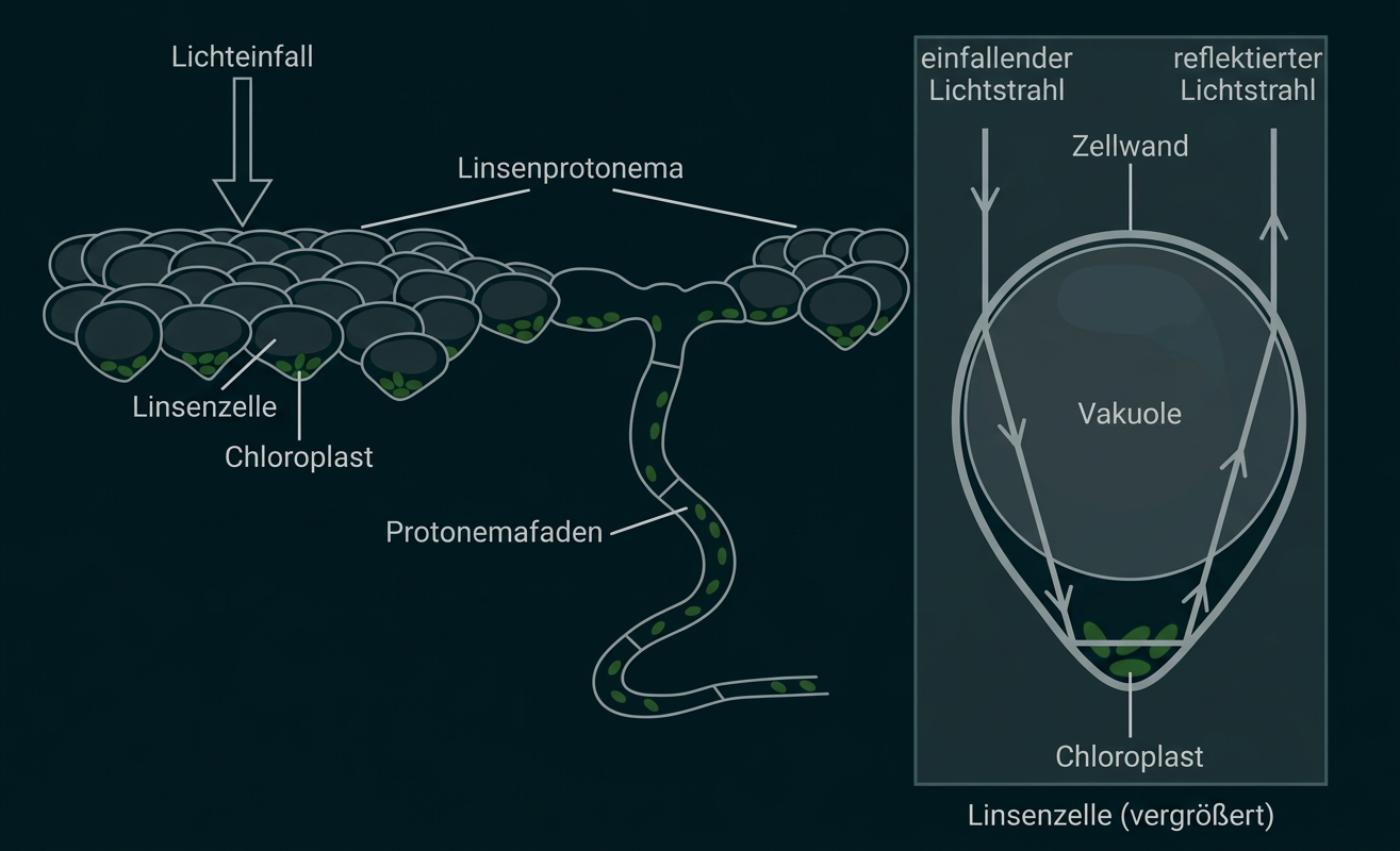 Schema einer Moos-Linsenzelle mit Chloroplasten, Protonemafaden und Lichtreflexion an der Zellwand.